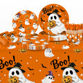 Wowhub Boo Ghost Pumpkin Halloween Tableware Set Serves 24, Halloween Plates and Napkins, Disposable Summerween Party Supplies with Cups, Cutlery & Tablecloth for Halloween Birthday Decorations