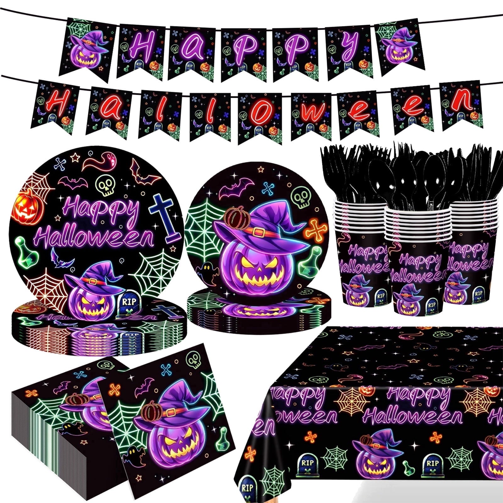 Wowhub Boo Ghost Pumpkin Halloween Tableware Set Serves 24, Halloween Plates and Napkins, Disposable Summerween Party Supplies with Cups, Cutlery & Tablecloth for Halloween Birthday Decorations