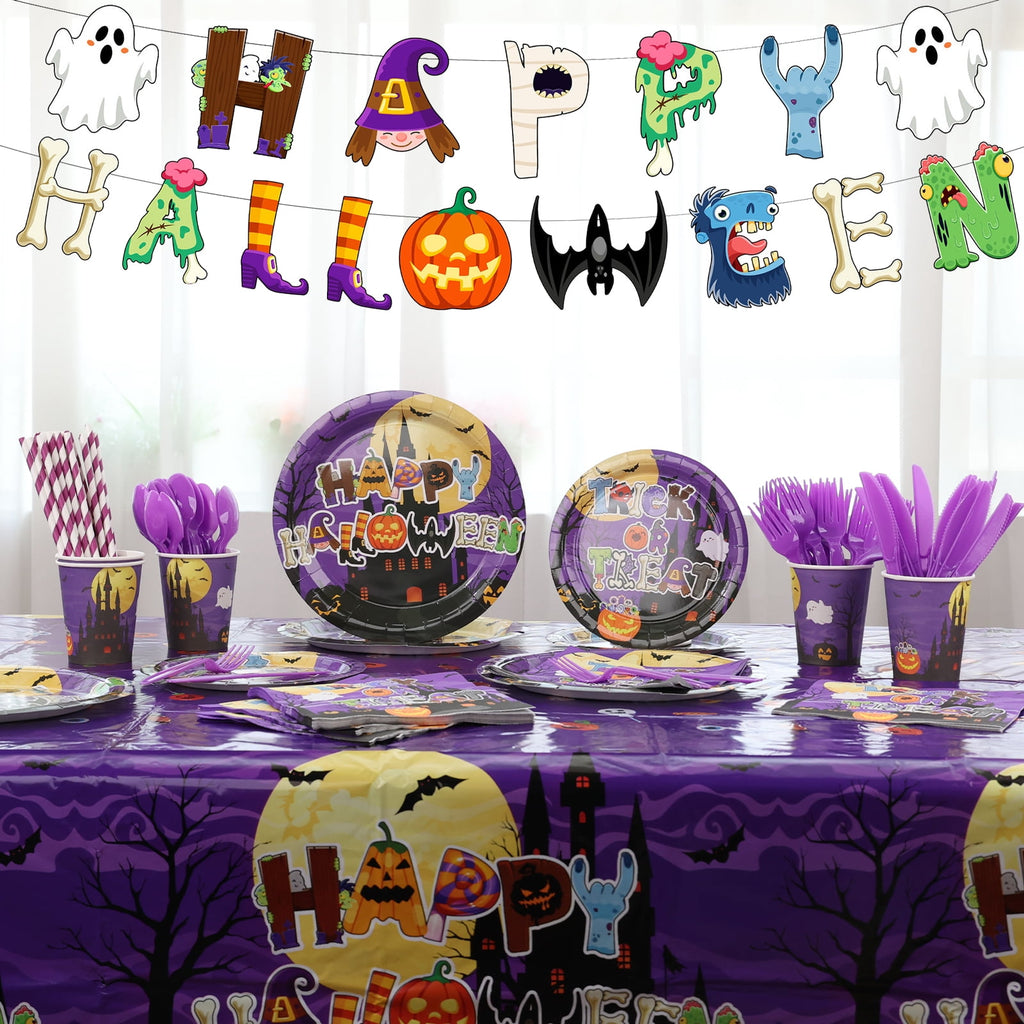 YIBAGA Halloween Party Supplies 194 PCs Serve 24, Ghost Pumpkin Witch Paper Plates Napkins Cups Tablecloth Banner Party Decor