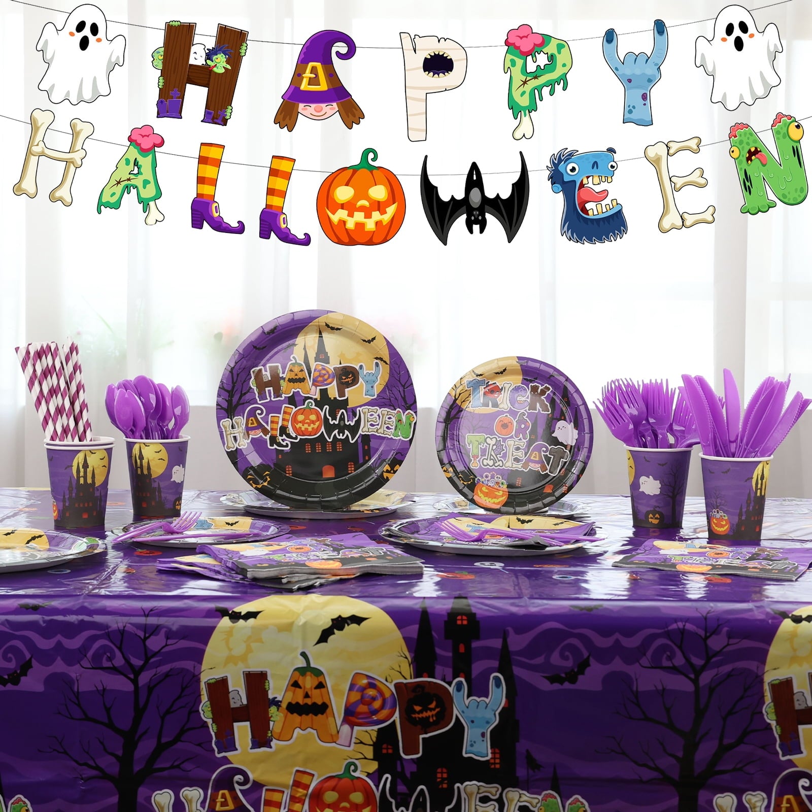 YIBAGA Halloween Party Supplies 194 PCs Serve 24, Ghost Pumpkin Witch Paper Plates Napkins Cups Tablecloth Banner Party Decor