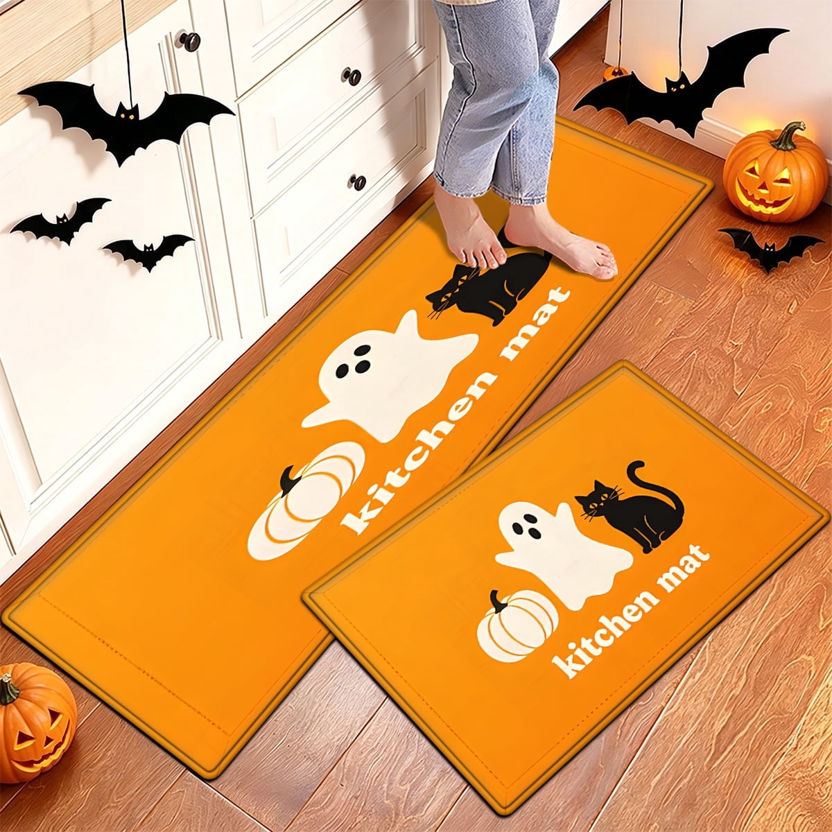 YIMEIS Halloween White Pumpkin Multi-purpose 3-Piece Flannel Mat and Kitchen Rugs,Soft Non-slip for Home Bedroom Bathroom