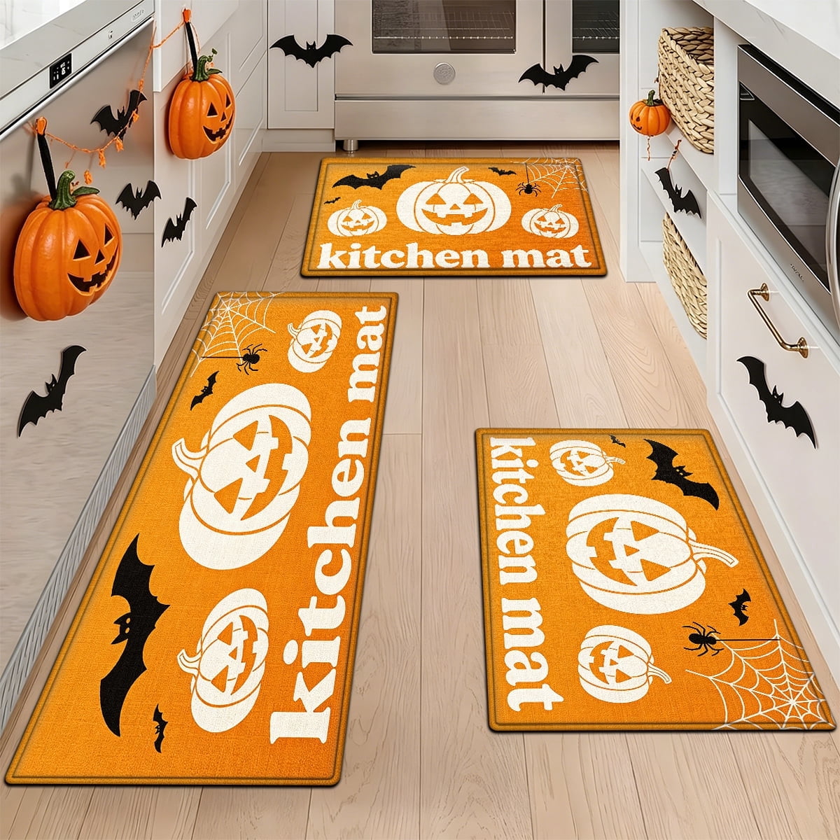 YIMEIS Halloween White Pumpkin Multi-purpose 3-Piece Flannel Mat and Kitchen Rugs,Soft Non-slip for Home Bedroom Bathroom