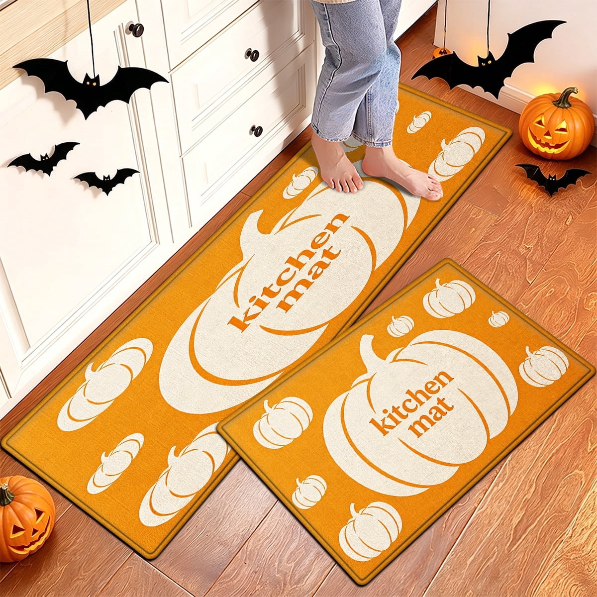 YIMEIS Halloween White Pumpkin Multi-purpose 3-Piece Flannel Mat and Kitchen Rugs,Soft Non-slip for Home Bedroom Bathroom