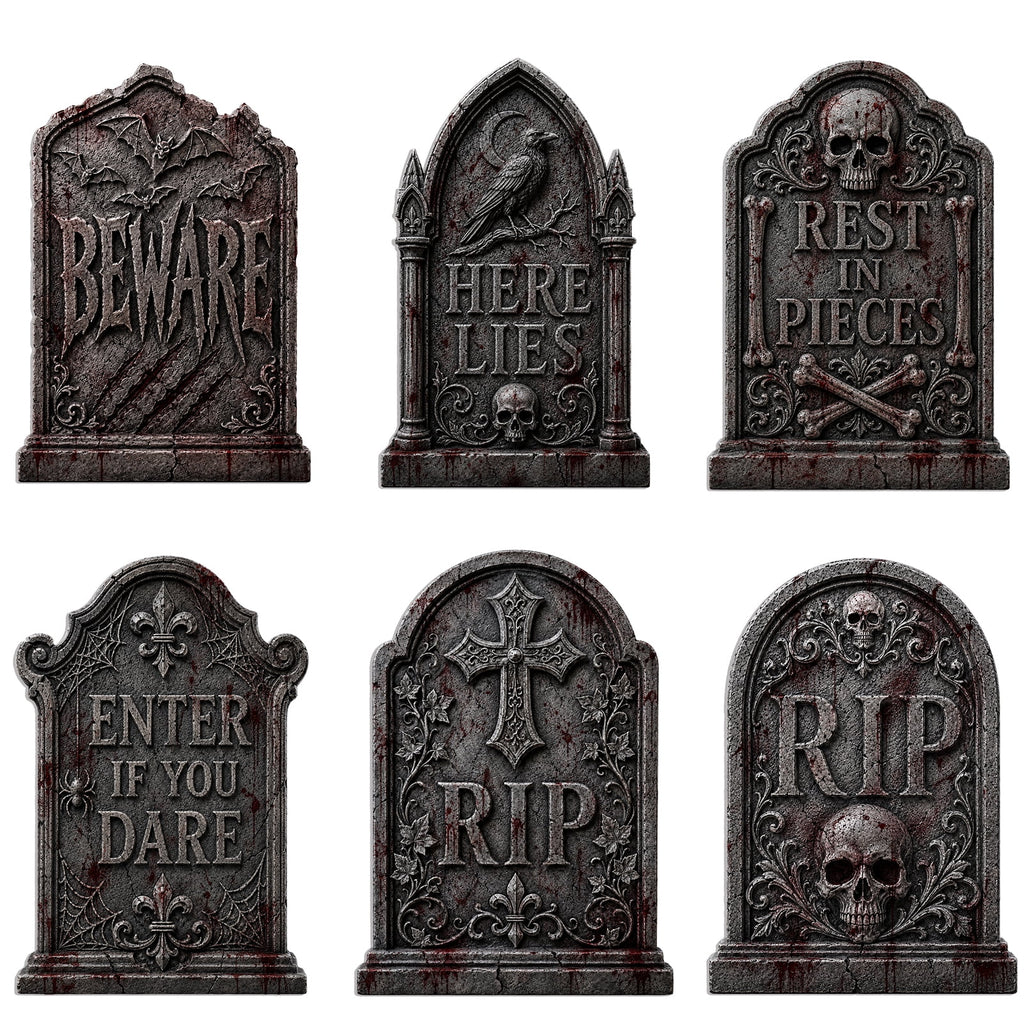 Yalumo Halloween Tombstone Decorations Outdoor, 6 PCS 17" Graveyard Tombstones with Stakes for Lawn Garden Cemetery Halloween Party Decor