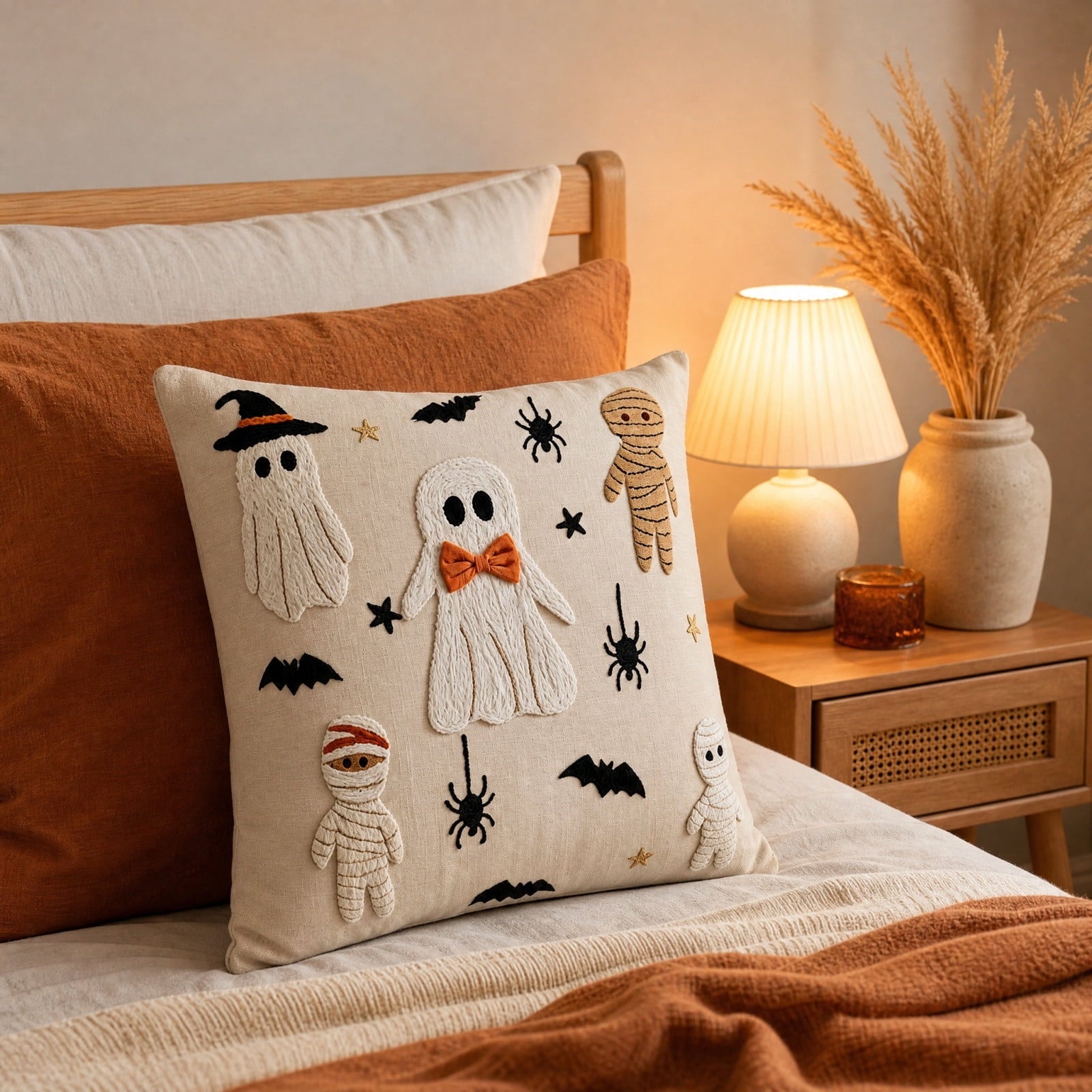 Yeciiwht Halloween Throw Pillow Cover – 18*18inch Embroidered Linen Cushion Case with Ghost, Mummy & Bat Designs, Invisible Zipper, Machine Washable