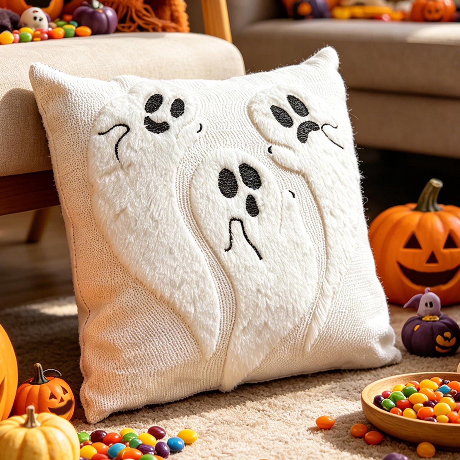 Yeciiwht Halloween Throw Pillow Cover – 18*18inch Embroidered Linen Cushion Case with Ghost, Mummy & Bat Designs, Invisible Zipper, Machine Washable