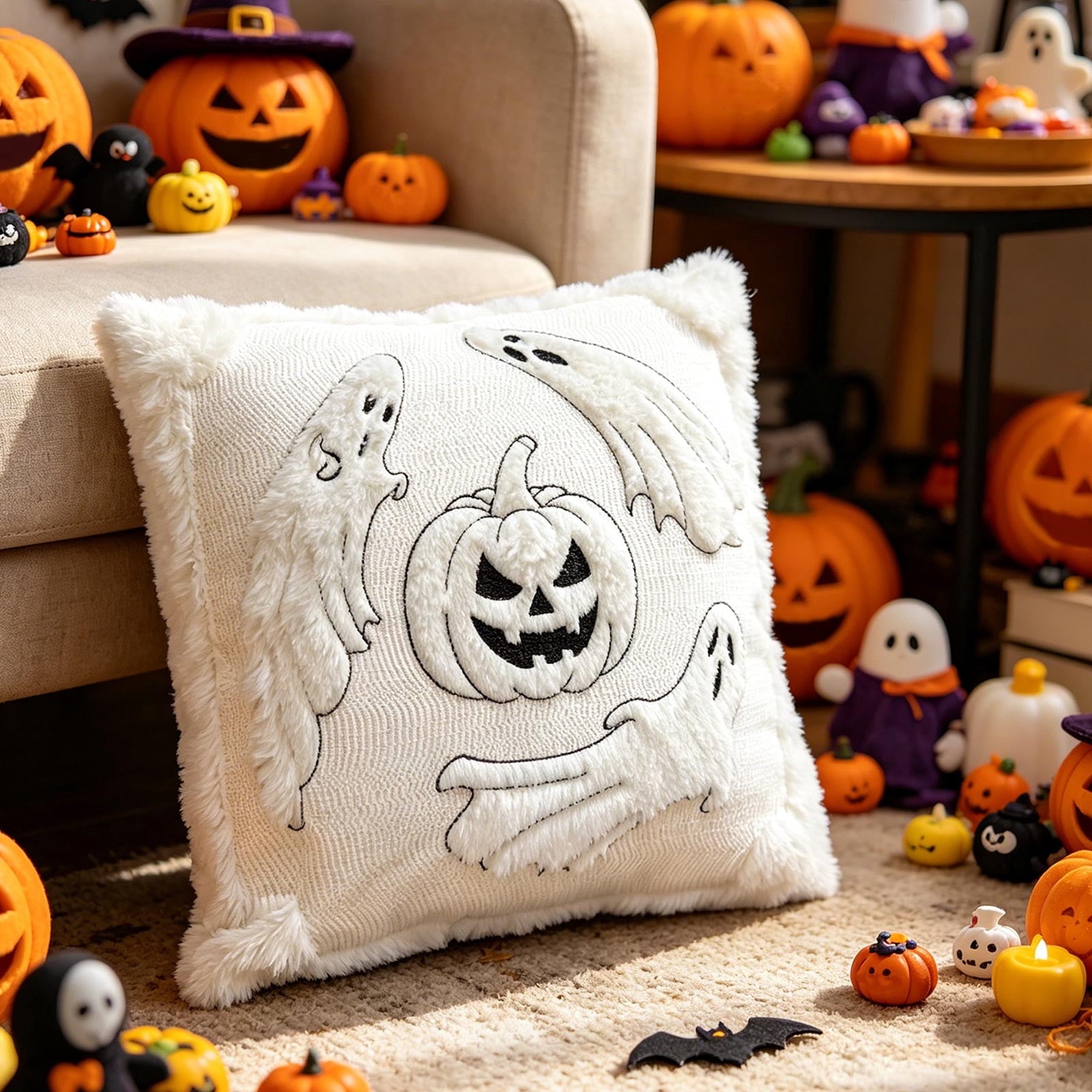 Yeciiwht Halloween Throw Pillow Cover – 18*18inch Embroidered Linen Cushion Case with Ghost, Mummy & Bat Designs, Invisible Zipper, Machine Washable