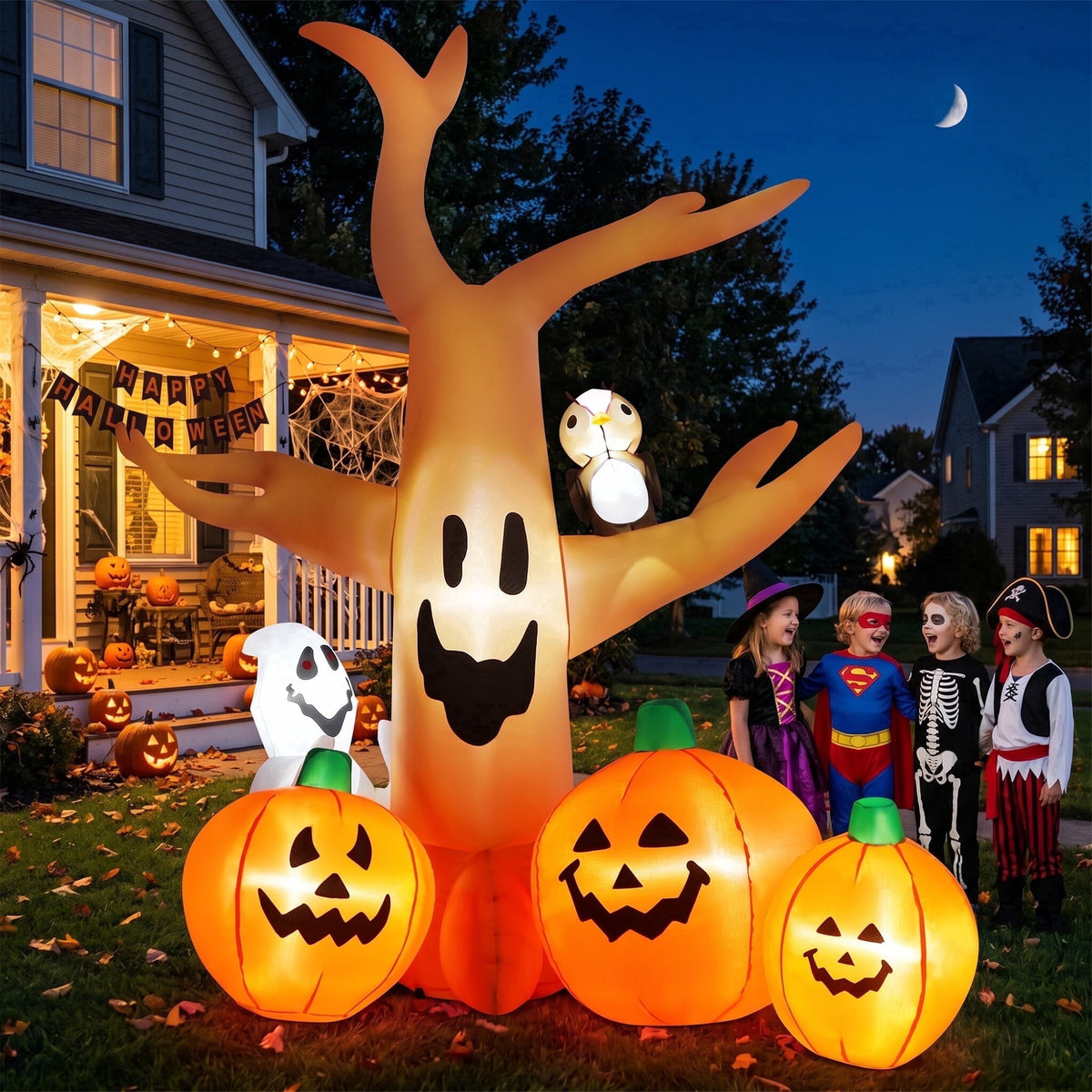 Yexmas 8FT Halloween Inflatables Dead Tree,Outdoor Halloween Decorations with Built-in LED Lights ,Halloween Blow Up Yard Decorations with Pumpkin,Ghost,and Owl
