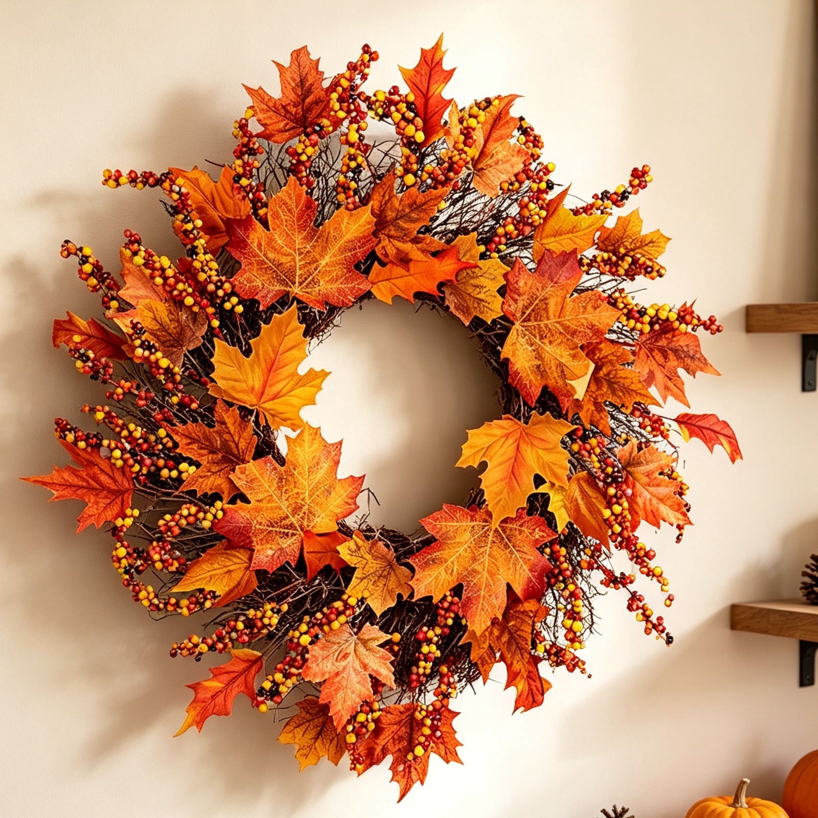HOARBOEG Handmade Wrought Iron Maple Leaf Wreath, Thanksgiving Rudolph Fall Harvest Door Hanging, Orange Metal Autumn Wreath with Berries, Garden Wall Decor, 15.75 in