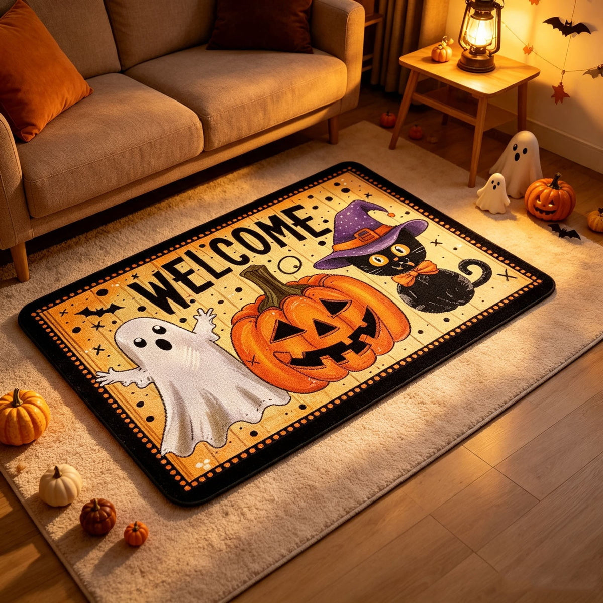Halloween Doormat Ghost Bath Mat 23.6x15.7in Secure-Grip Absorbent Soft Faux Fur Rug for Bathroom Bedroom Living Room Decor by OVFUIZ