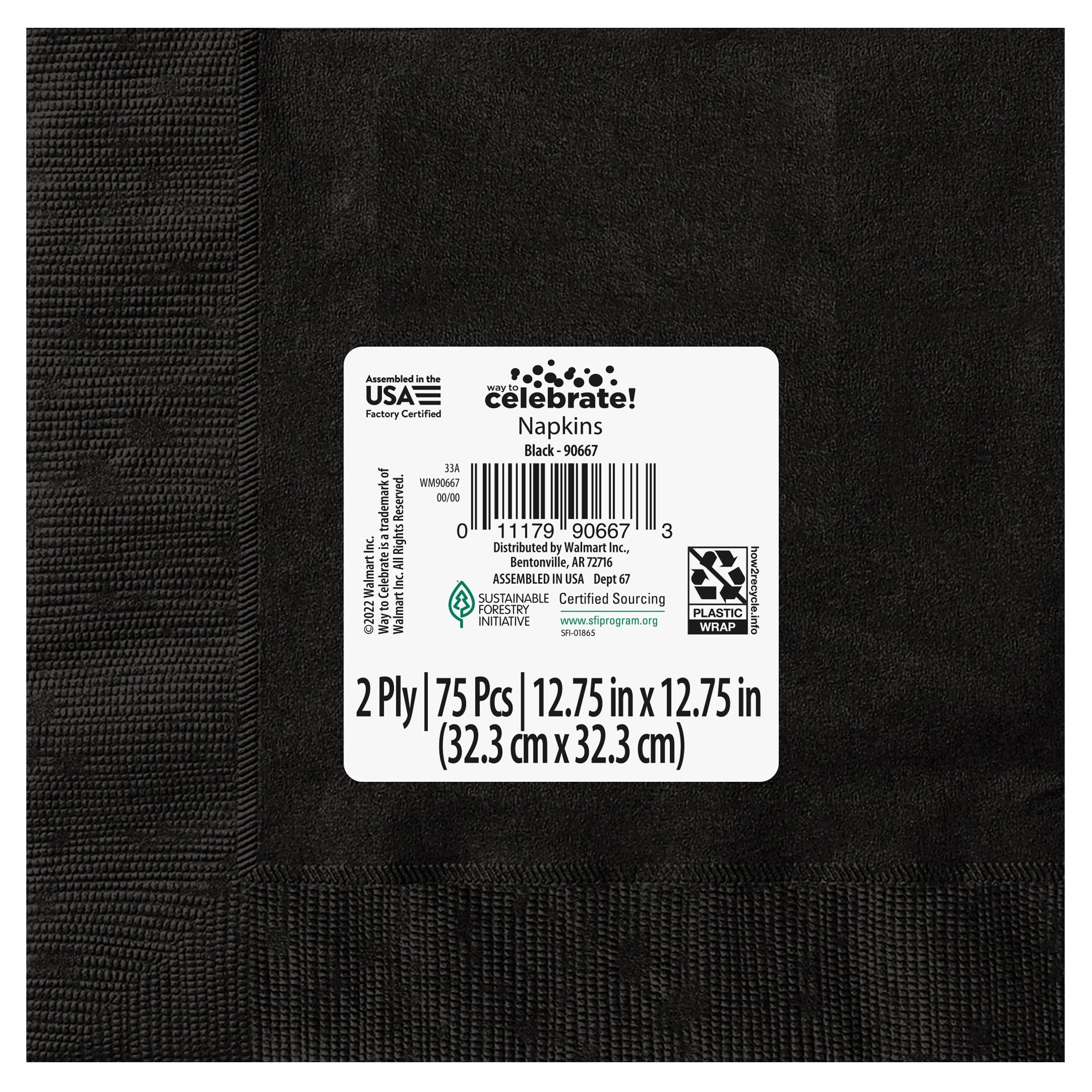 75 Count 6.5IN x 6.5IN Black Disposable Paper Napkins by Way To Celebrate