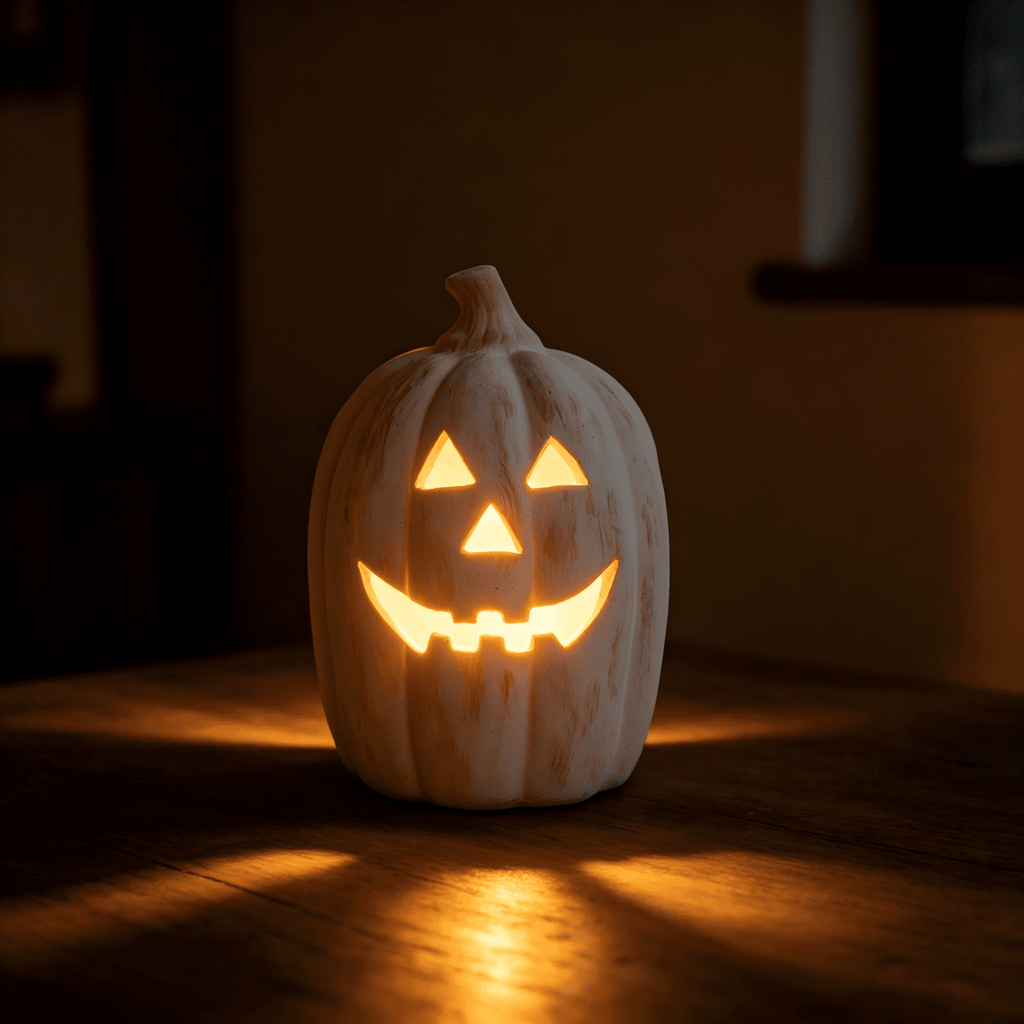 Fall Decor - Halloween Decorations - 5.9"H White Handmade Resin Pumpkin Jack O' Lantern with Flameless Candle - Outdoor Indoor Autumn Decoration for Table Centerpieces Porch Room Front Door