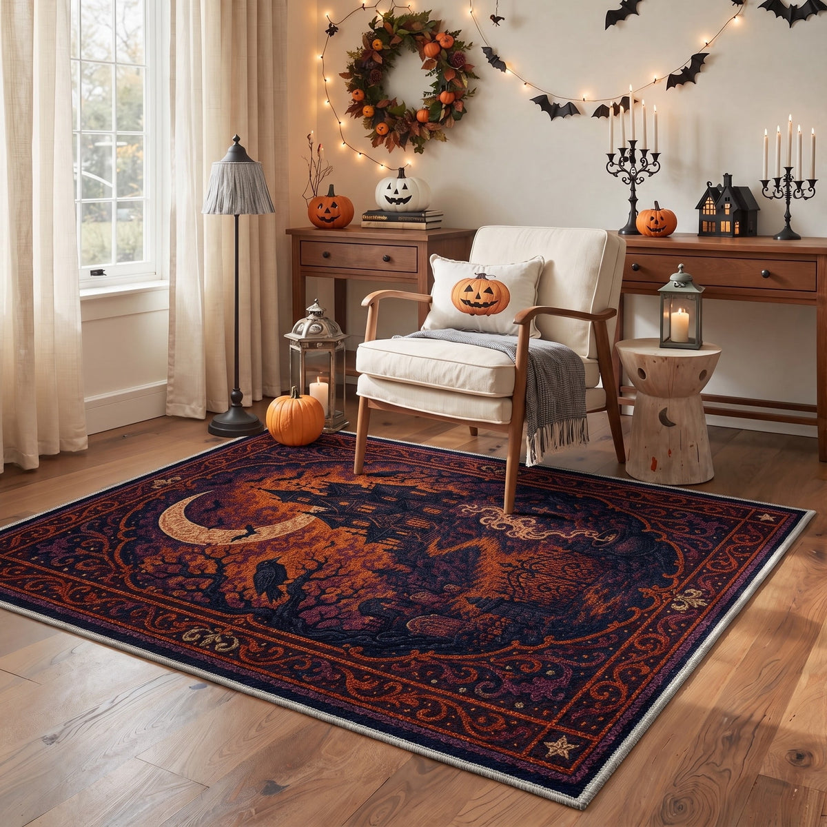 GENIMO 5'x7' Halloween Area Rug for Living Room, Washable Non Slip Soft Vintage Witch Indoor Rug for Bedroom Dining Room Home Office, Retro Sepia