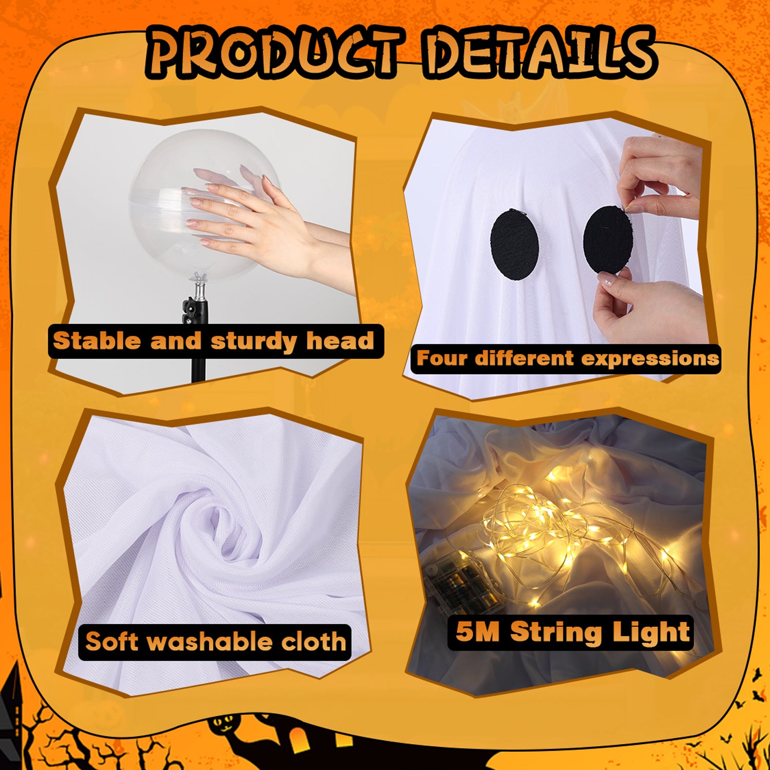 2Pcs Halloween Decorations Outdoor Ghost, DIY Ghost Kit Decor with Witch Hat Remote Control String Lights Halloween Decorations Indoor Halloween Ghost Lights for Porches Yards Gardens Lawn