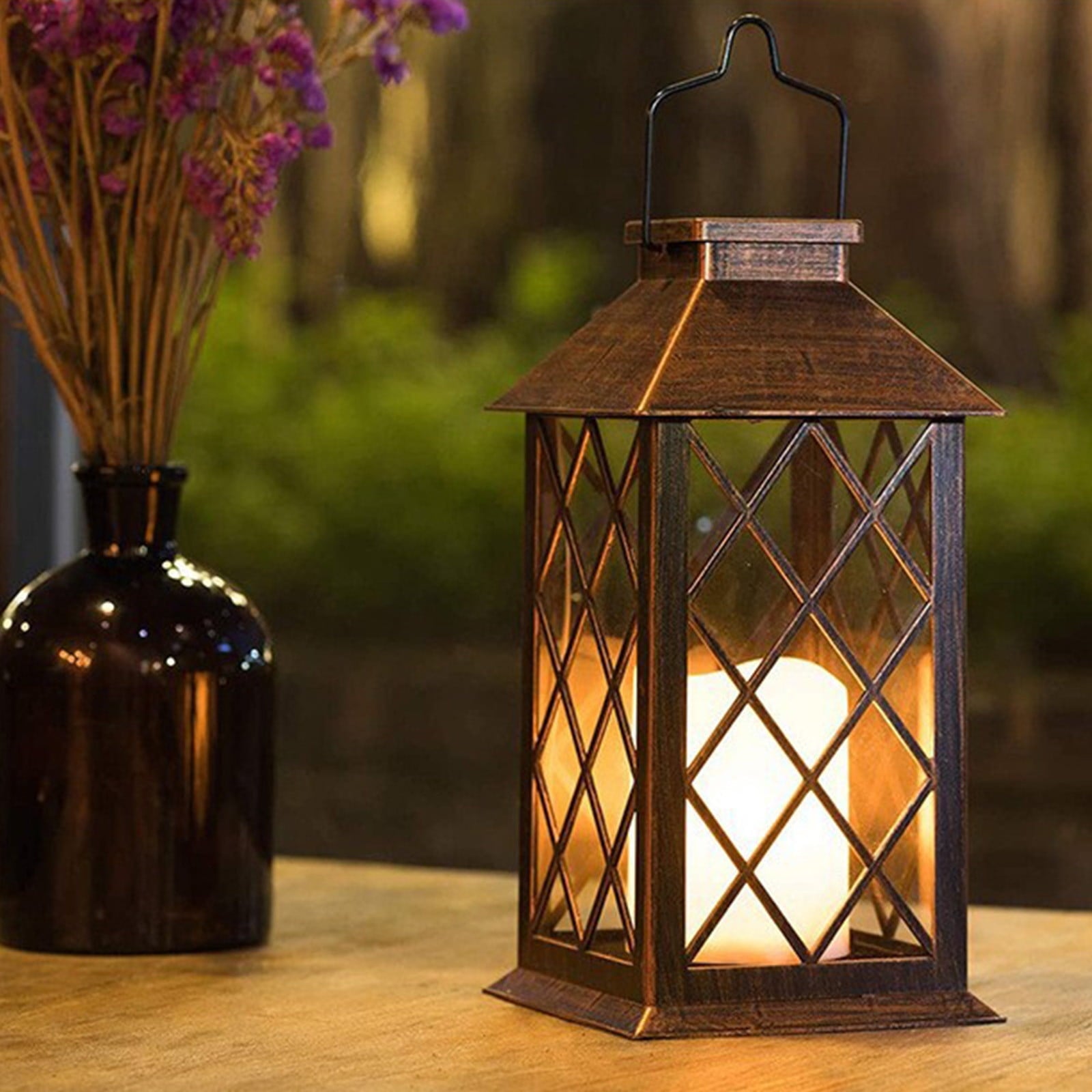 YIMWNYI Outdoor Solar Hanging Lantern with Metal Decor, LED Garden Light for Patio and Yard, Auto On/Off, IP55 Waterproof