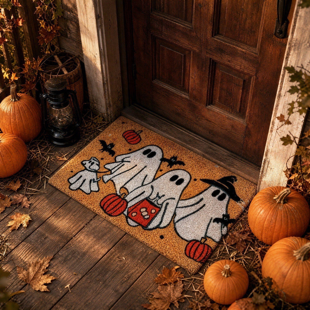 Lypsnake Patchwork Ghost Shaped Doormat,Vintage Stitched Fluffy Fabric Ghost Mat, Halloween Floor Carpet for Front Door Entrance Shower Room Fireplace Farmhouse Layout