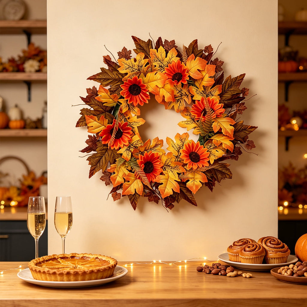 HOARBOEG Autumn Harvest Sunflower Wreath, Artificial Pumpkin Maple Leaf Fall Wreath for Front Door, 21.65 in Thanksgiving Wall Hanging Decor, Outdoor Indoor Harvest Decor
