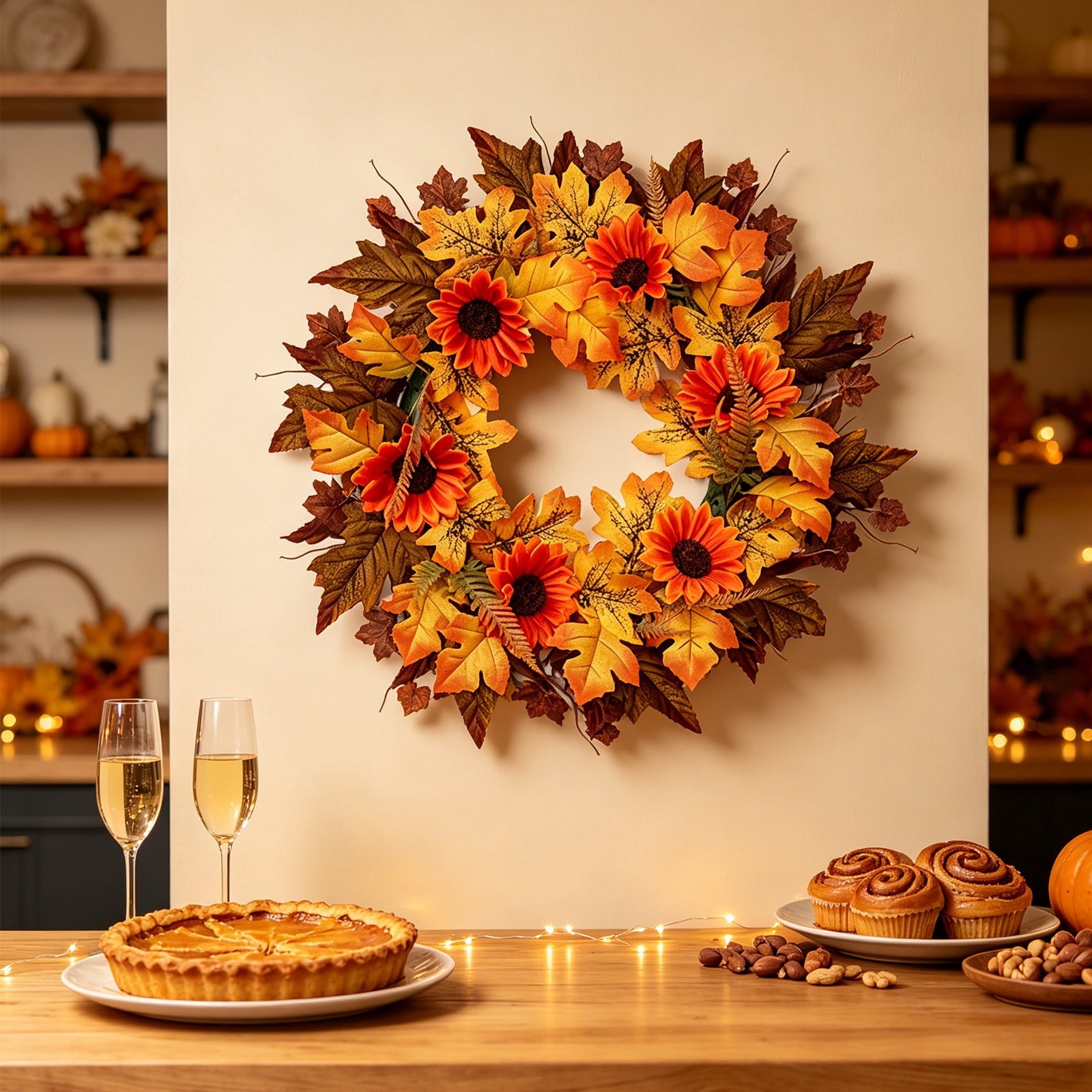 HOARBOEG Autumn Harvest Sunflower Wreath, Artificial Pumpkin Maple Leaf Fall Wreath for Front Door, 21.65 in Thanksgiving Wall Hanging Decor, Outdoor Indoor Harvest Decor