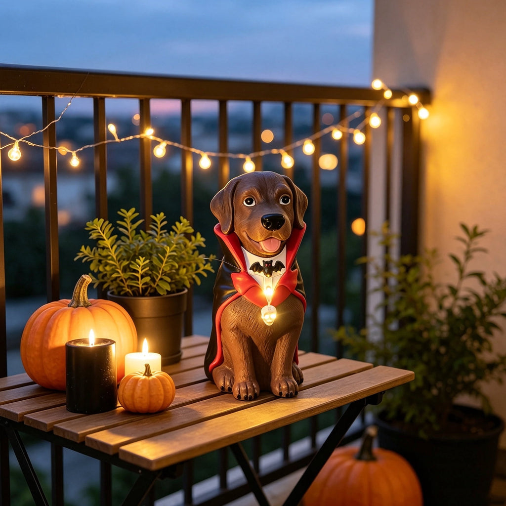 Halloween Dog Greeter - Frenchie 7.9in Resin Witch Dog with Light-Up Pumpkin, Spooky Fall Decor, Indoor Outdoor Tabletop Decoration