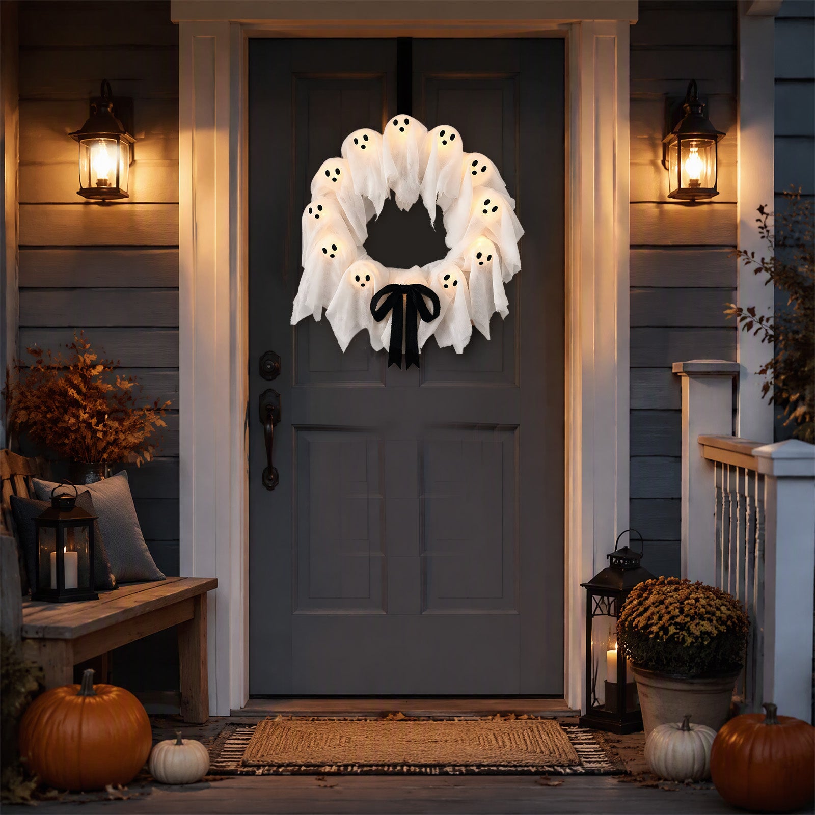 Halloween Glowing Ghost Wreath, Light-up Spooky Wreath with 12 Ghost Decor, RC, 6H Timer, Ideal for Halloween Party (A 12x3inch)