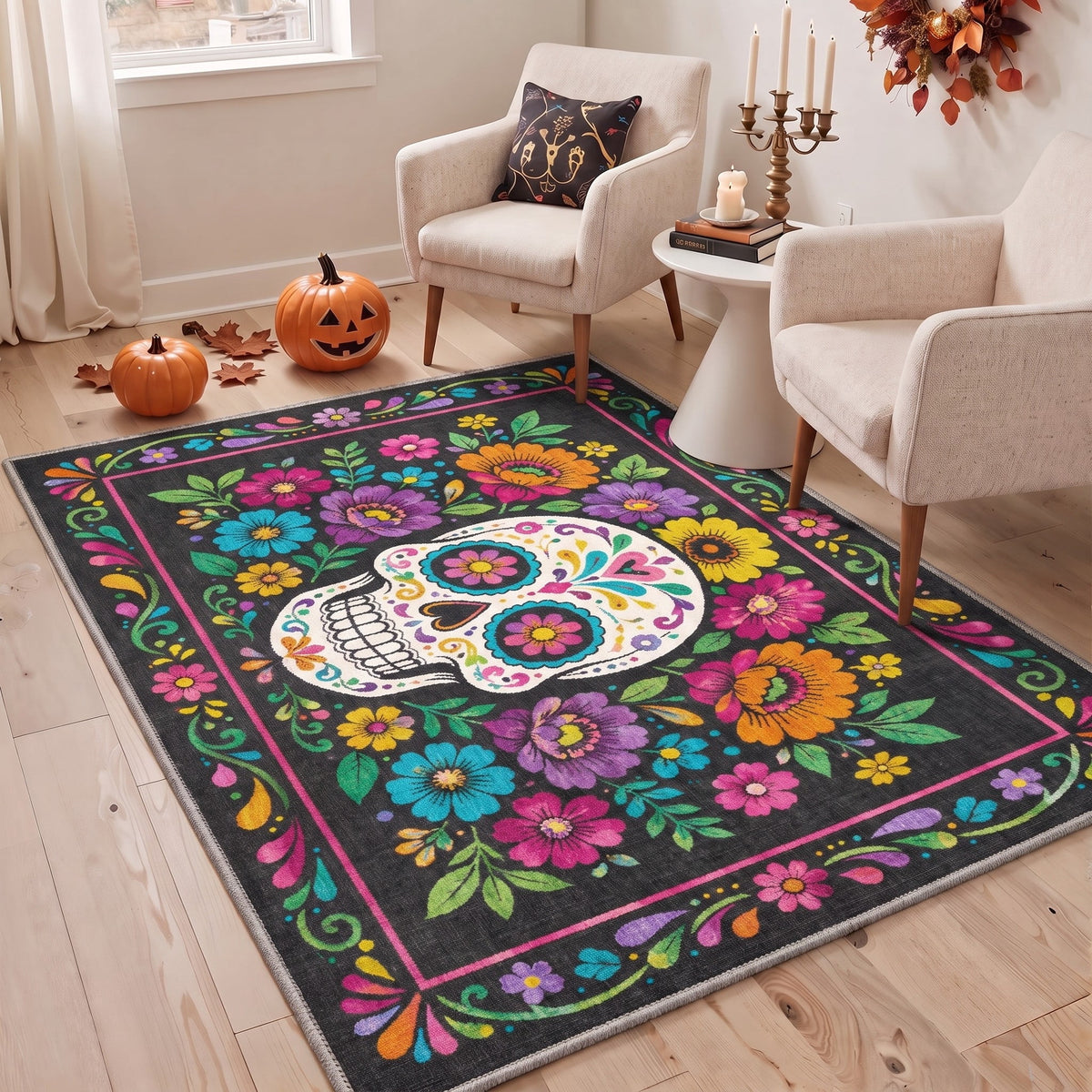 GENIMO 2'x7' Halloween Runner Rug, Washable Non Slip Soft Whimsical Skeleton Indoor Outdoor Hallway Runner for Porch Patio Kitchen Entryway, Charcoal Black