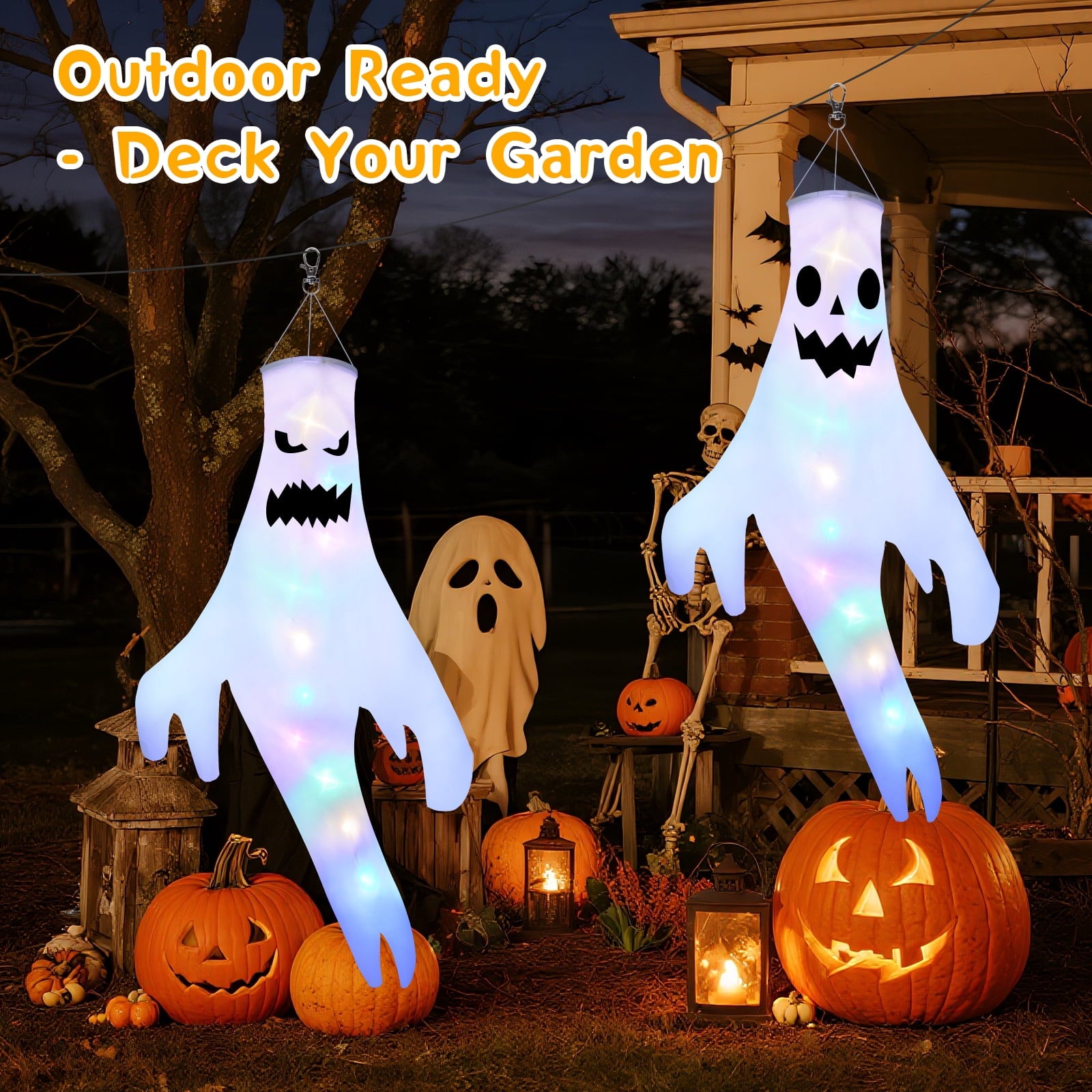 Qoosea 3 Pack Halloween LED Lights Witch Hat Ghost Hangers, Purple/Green/Orange, 3 Lighting Modes, Waterproof Battery Case, Halloween Decorations