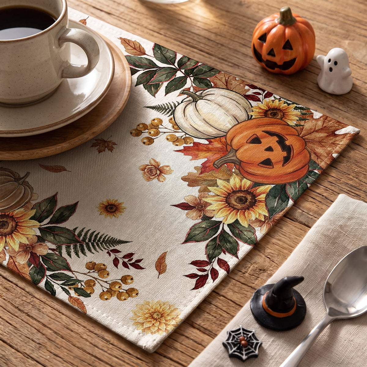 Smile Jack-O'-Lantern Spider Web Halloween Table Placemats Set of 4 Round 15 Inch Black