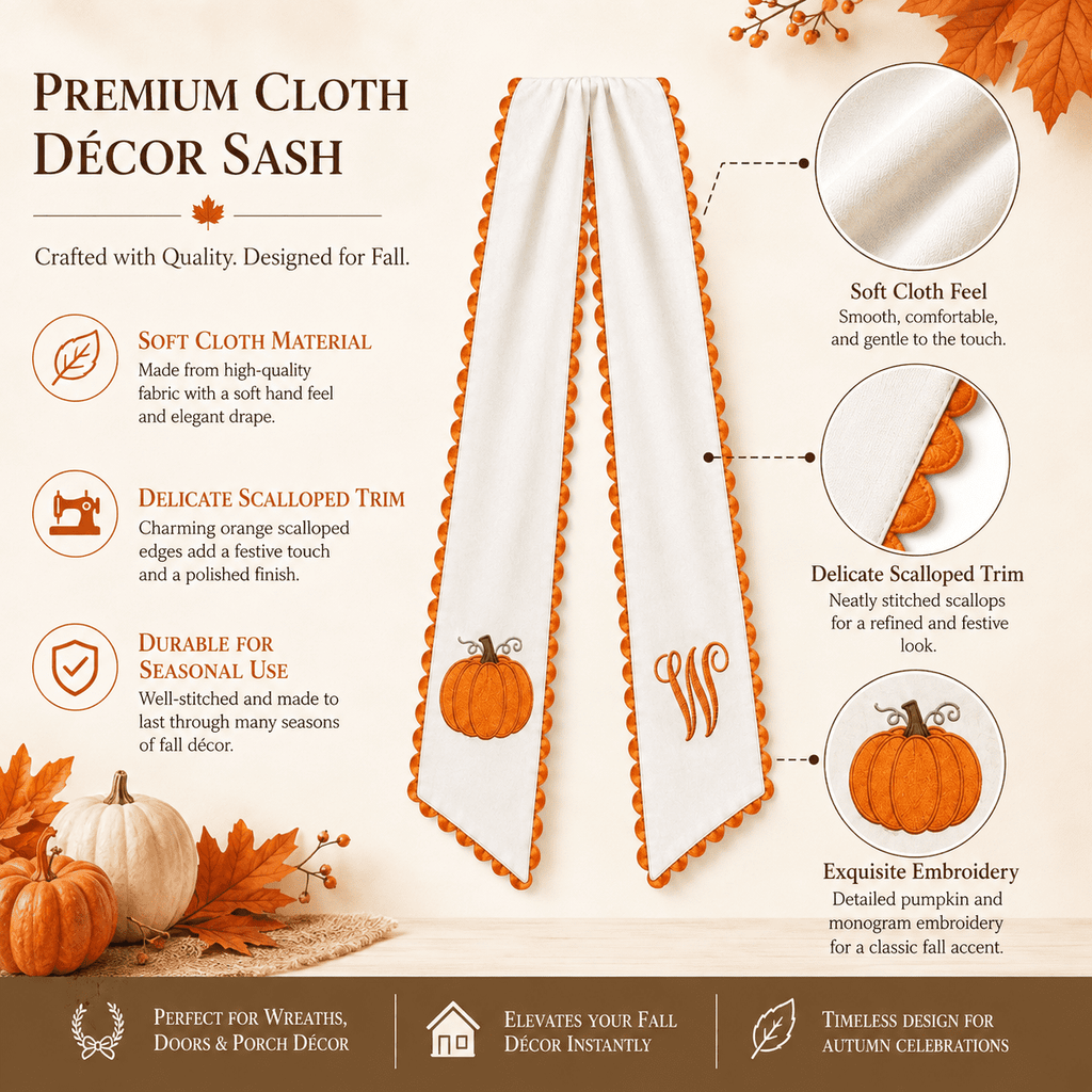 Pumpkin Embroidered Wreath Sash, 50 x 5 inch Orange Scalloped Lettered Ribbon for Halloween, Thanksgiving, Front Door, Seasonal Garland and Fall Home Decor, I