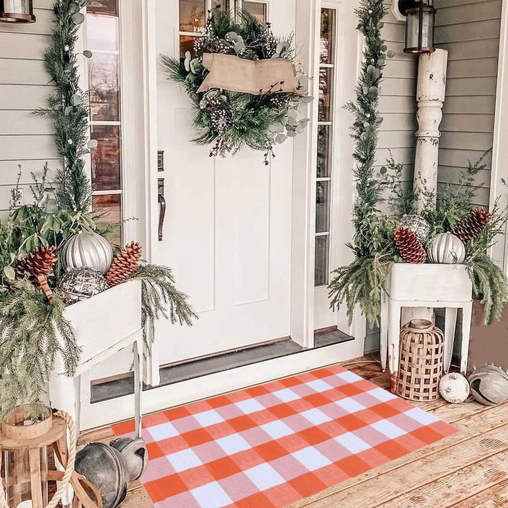 Fall Outdoor Rug Orange Plaid Doormat Autumn Front Door Rug Farmhouse Entryway Porch Layered Carpet Seasonal Halloween Thanksgiving Decorative Floor Mat Indoor Outdoor Home Entrance Decor