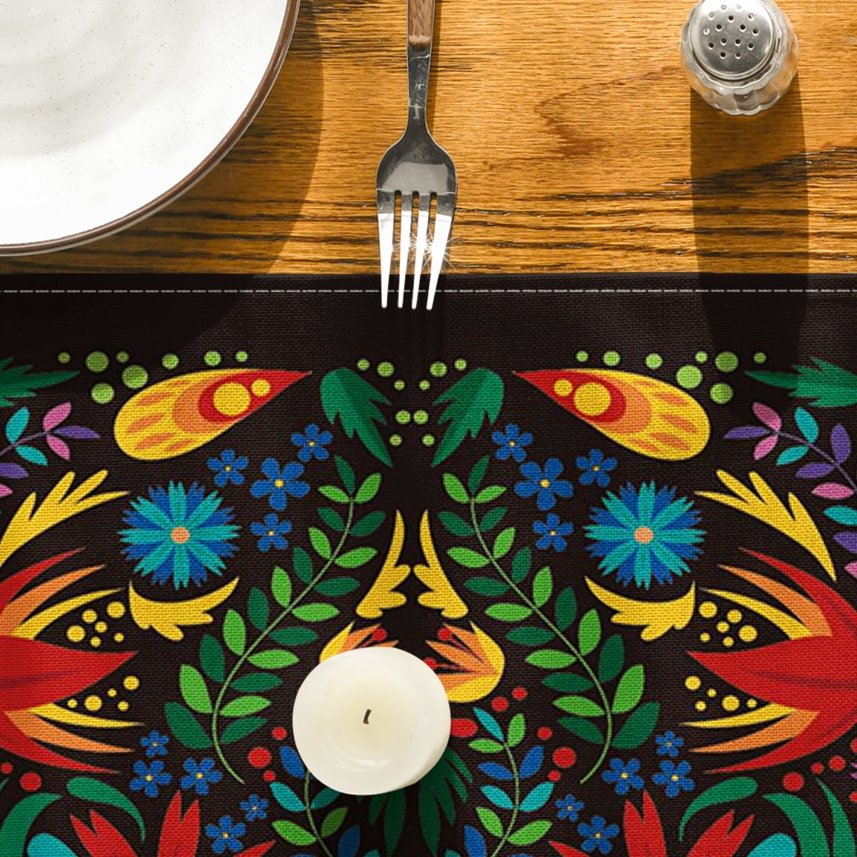 Sm:)e 13"x72" Black Floral Dia De Los Muertos Serape Table Runner, Polyester, Mexican Fiesta Design, Party Kitchen Dining Decoration