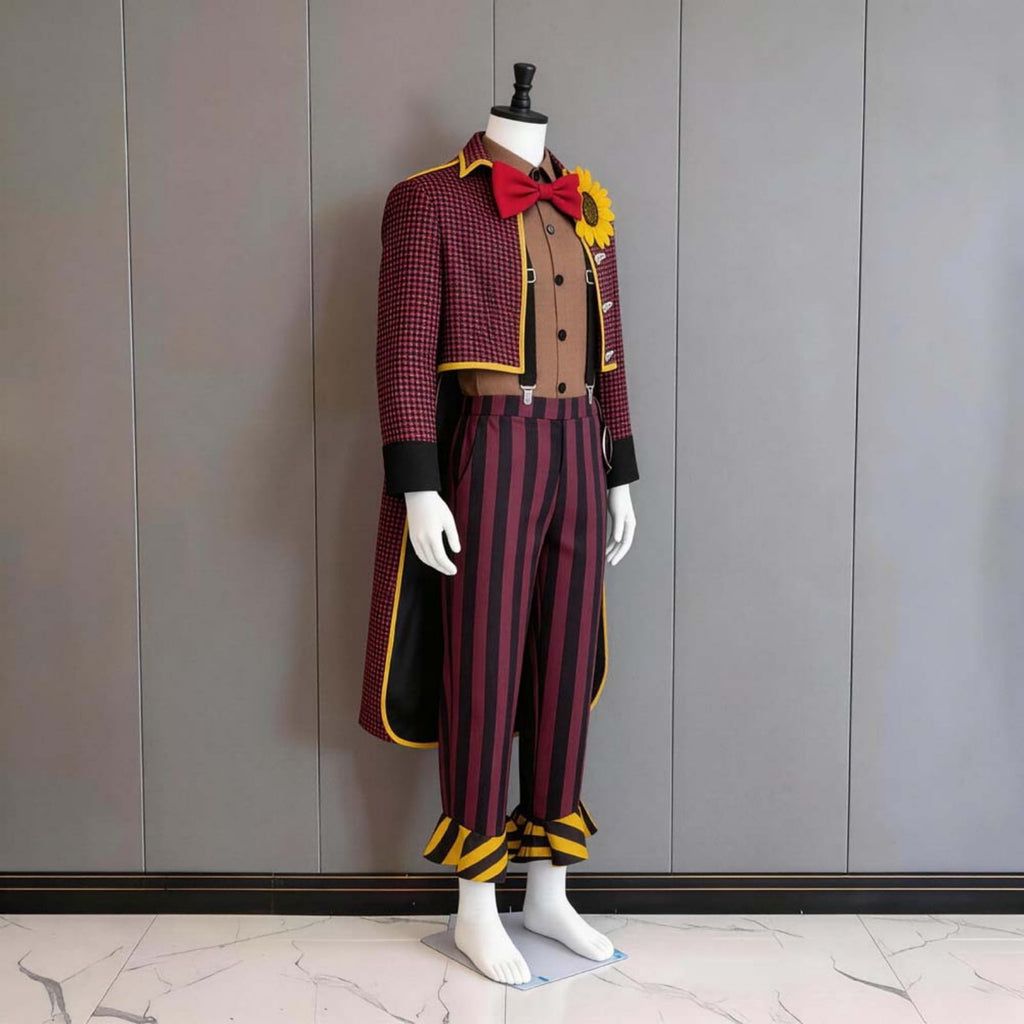 Men Halloween Circus Clown Costume Set Checked Jacket Striped Pants Vintage Jester Carnival Performer Cosplay Outfit