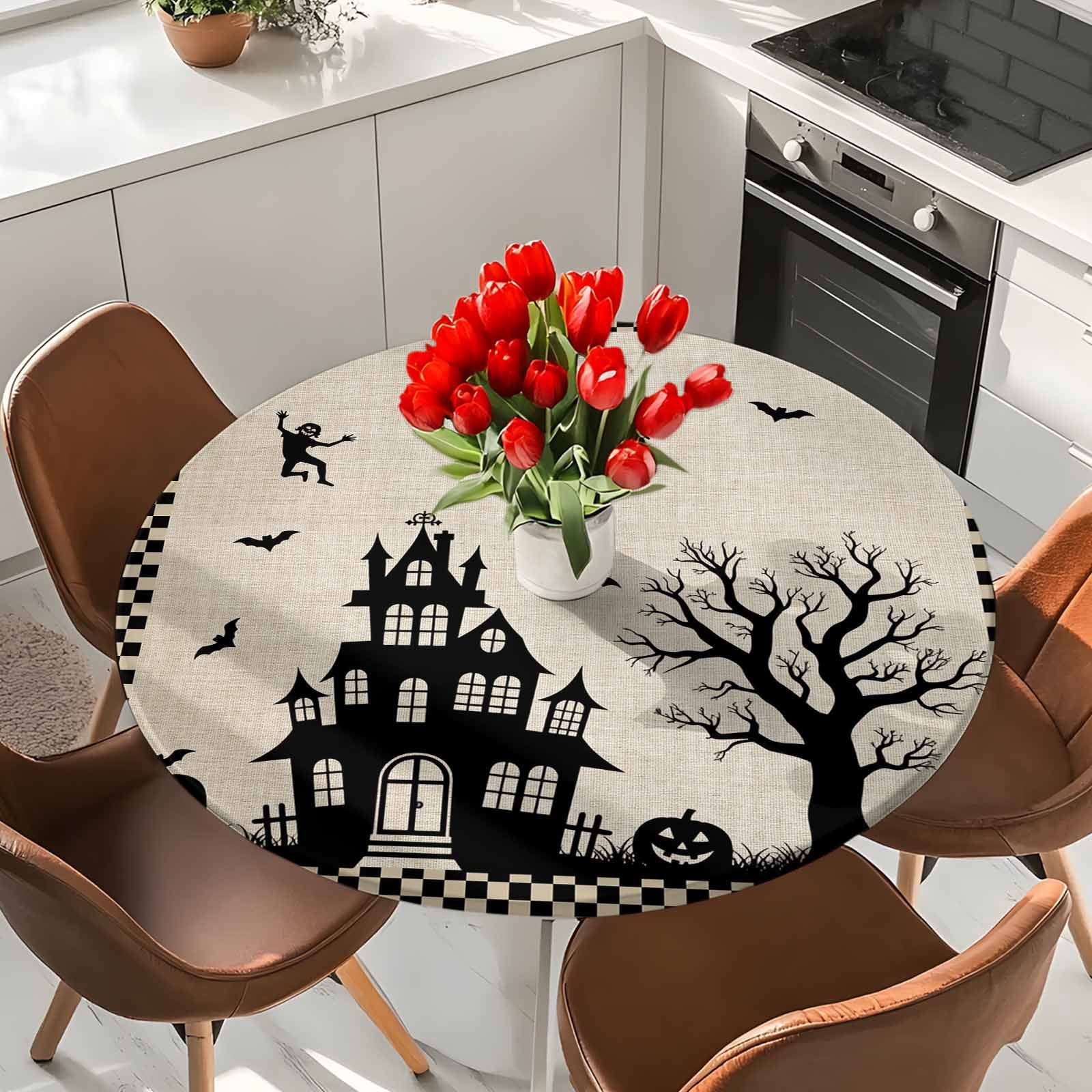 Halloween Round Tablecloth 55-60 Inch Round Fitted Table Cloth with Elastic Edge, Spooky Pumpkins Horror Castle Bat Black Plaid Waterproof Table Cover Protector for Outdoor Picnic Party Dining