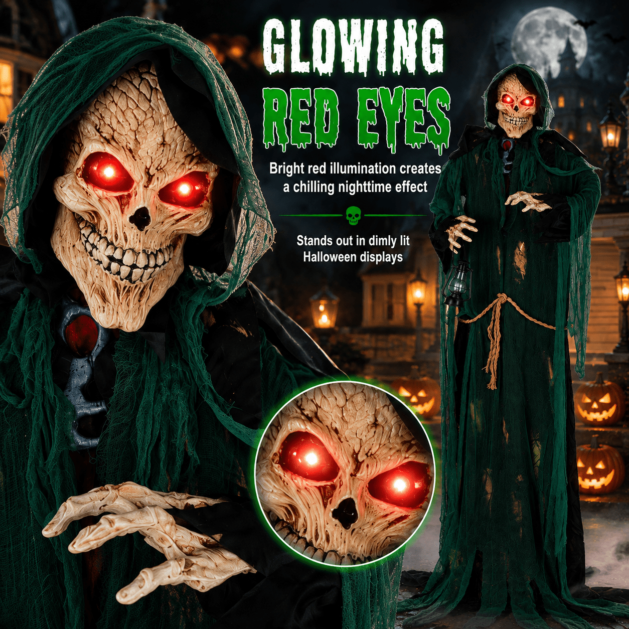Romswi Halloween Decorations 7ft Standing Grim Reaper Animated with Light Up Eyes and Sound-Activated for Spooky Yard Garden Decor