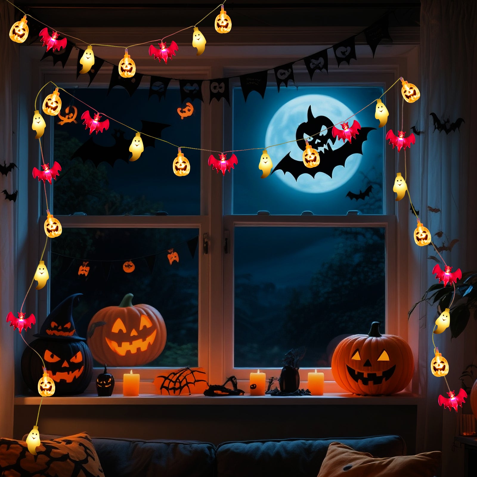 Qoosea Halloween Pumpkin String Lights, 20 LED 10.5ft 8 Modes Waterproof Orange Halloween Decorations Outdoor Indoor Bedroom Camper Party Decor
