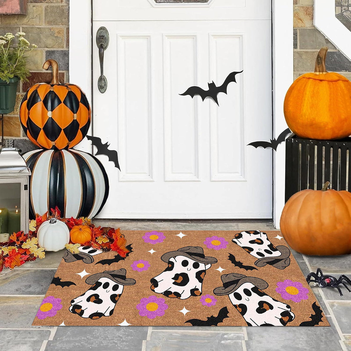 Holloyiver Halloween Fall Doormat, Cowboys Ghost Non Slip Outdoor Mat, Halloween Decorative Floor Mats, Welcome Ghost Coir Doormats Front Porch Rugs for Indoor Layering Entryway Decor