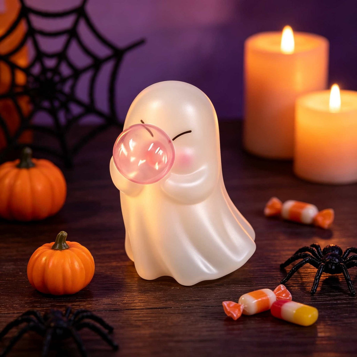 Pink Halloween Decor Ghost Candy Bowl Figurine with Bow and Scalloped Holder for Indoor Tabletop Decor and Party Favor Display