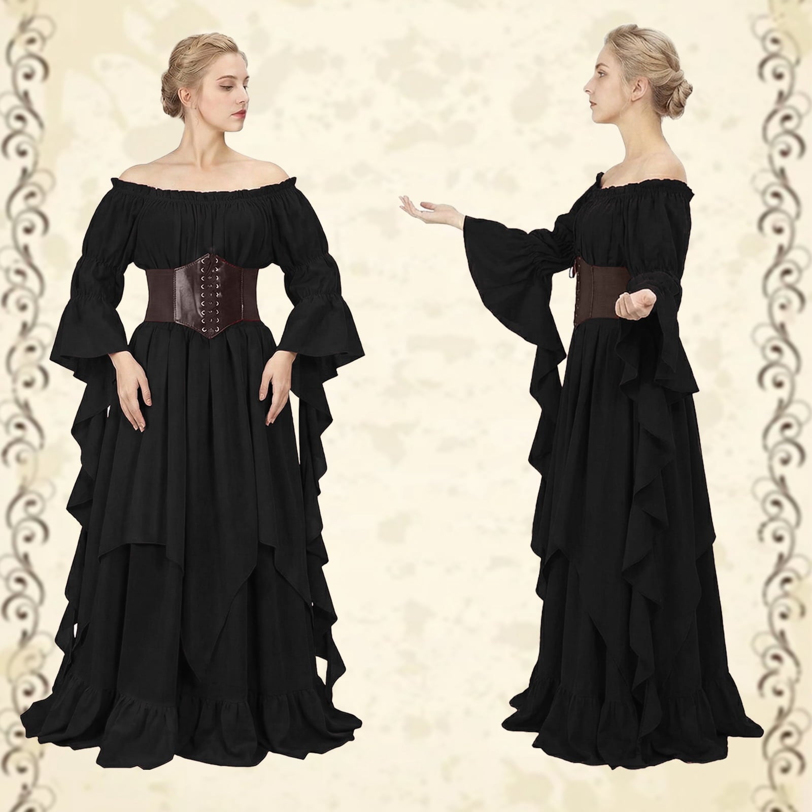 IROOZIGOTO Womens White Medieval Renaissance Maxi Dress Off Shoulder Long Flare Sleeve with Brown Lace Up Corset Belt Halloween Cosplay Costume