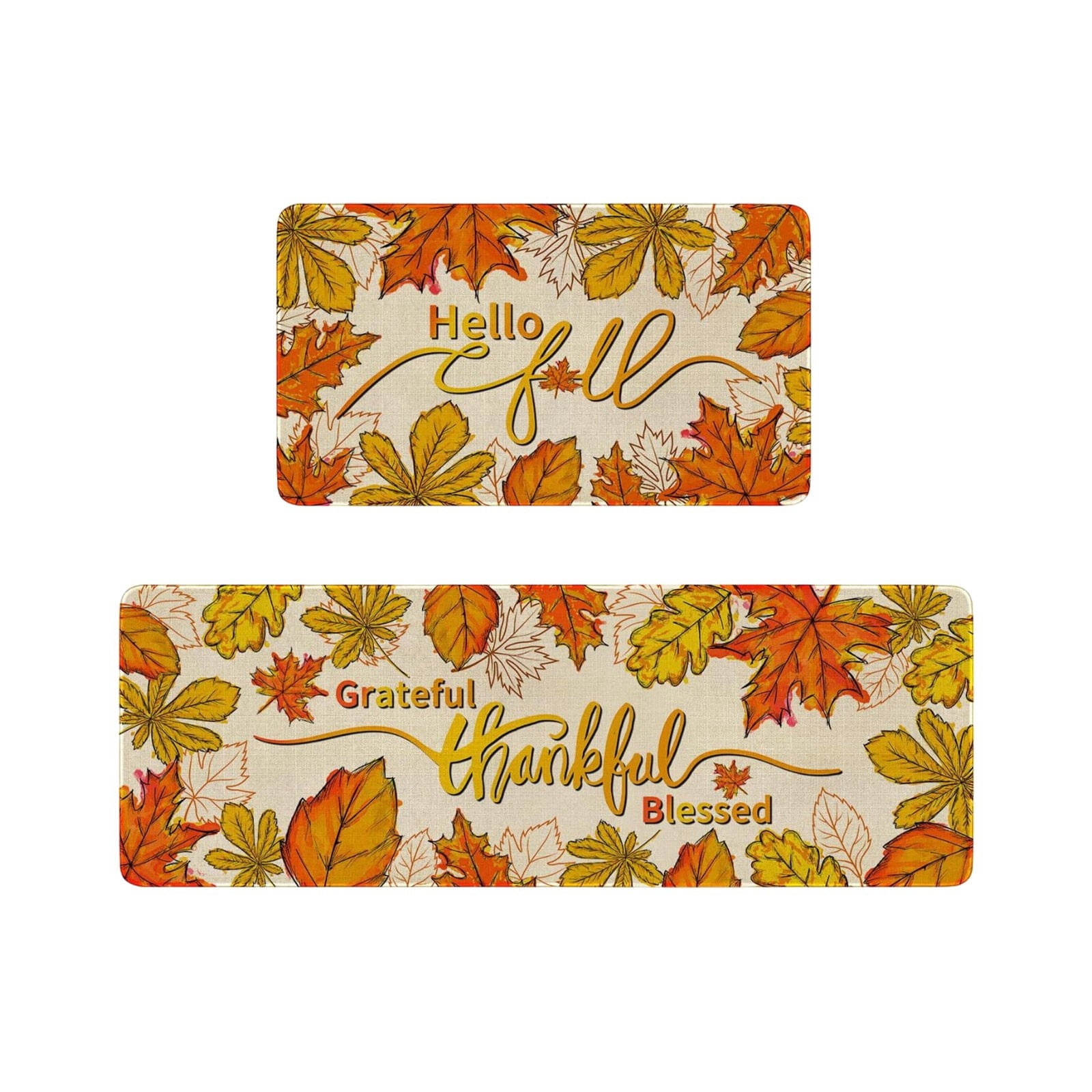 HOARBOEG Kitchen Floor Mat, Halloween Thanksgiving Fall Floor Mats 2-Piece Set - Non-Slip Pumpkin Maple Leaf Decor Rug for Bathroom Kitchen Porch Entrance, Holiday Home Decor