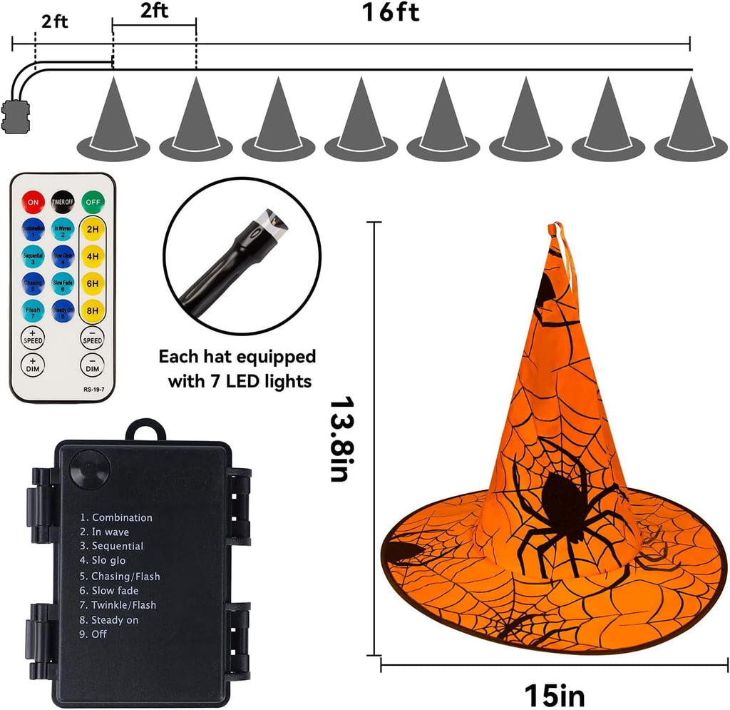 Halloween Decorations 8 Pcs Lighted Hanging Witch Hats, Remote Control with 8 Modes Light Up 14 FT Halloween String Lights, for Indoor Outdoor Yard, Lawn, Graveyard Scenes Party