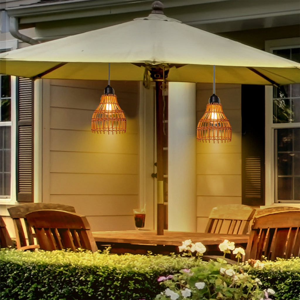 Boho Rattan Pendant Lamp Battery Operated with IP55 Waterproof Rating, Hand-Woven Outdoor Hanging Light for Patio Gazebo Garden Ceiling No Electricity Needed