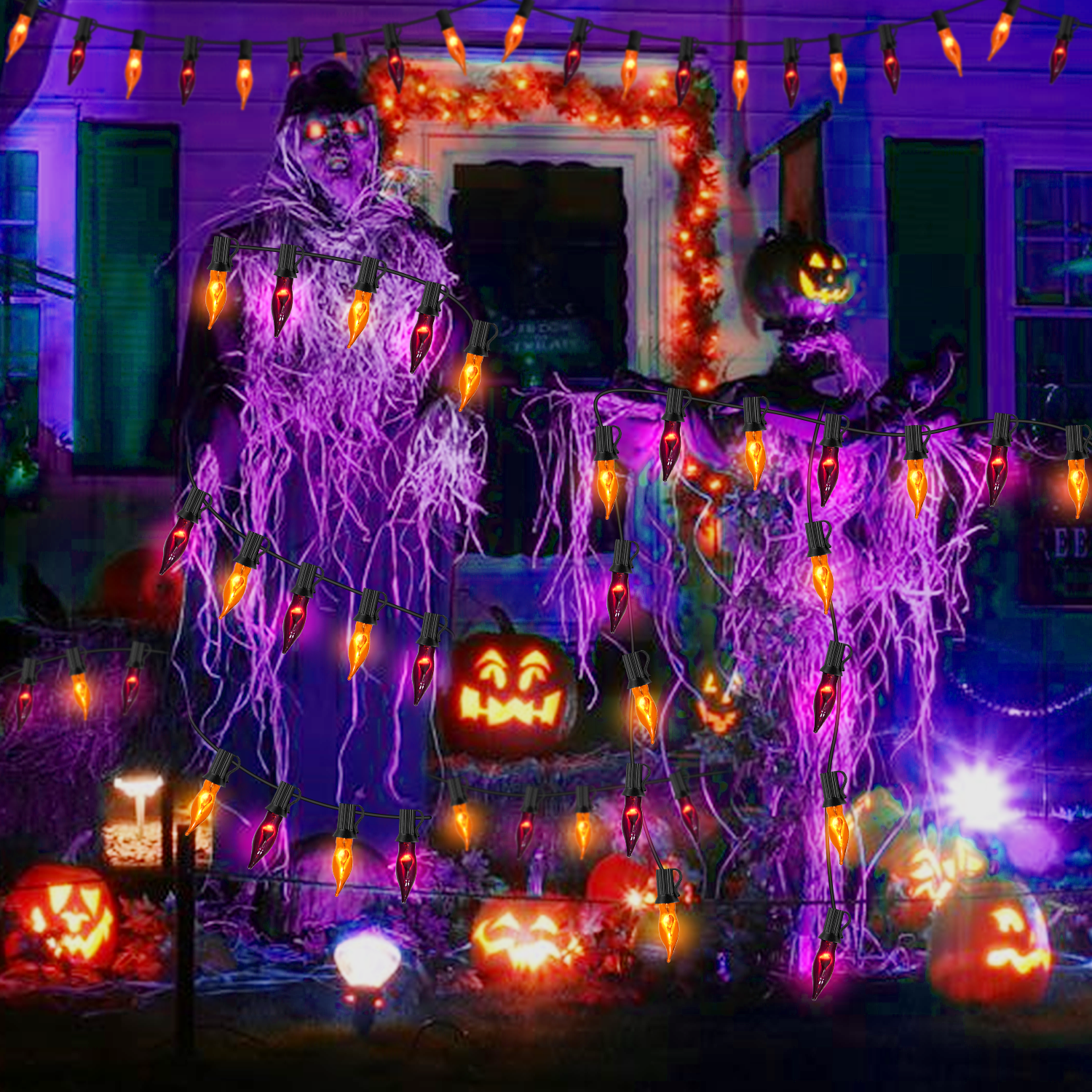 Halloween Lights Flickering Flame String Lights with 12 Pack C7 Orange Flame Light Bulbs (2 Spare), 12.8Ft Orange Flame String Lights for Indoor Outdoor Home Party Yard Halloween Decorations