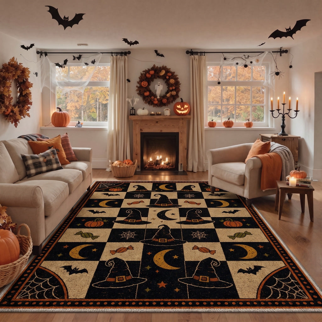 GENIMO 5'x7' Halloween Area Rug for Living Room, Washable Non Slip Soft Vintage Witch Indoor Rug for Bedroom Dining Room Home Office, Retro Sepia