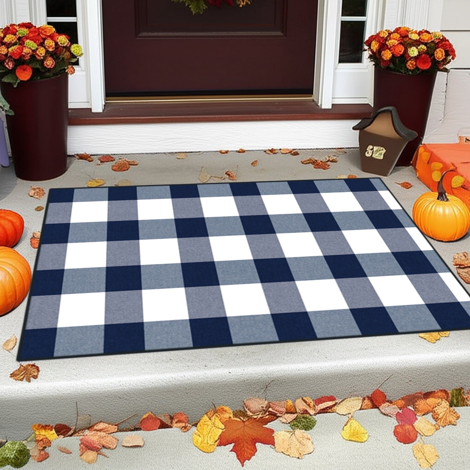 Halloween Fall Outdoor Rug Plaid Rug Foldable Floor Mat for Thanksgiving Front Door Front Porch Farmhouse Entryway Patio Decoration