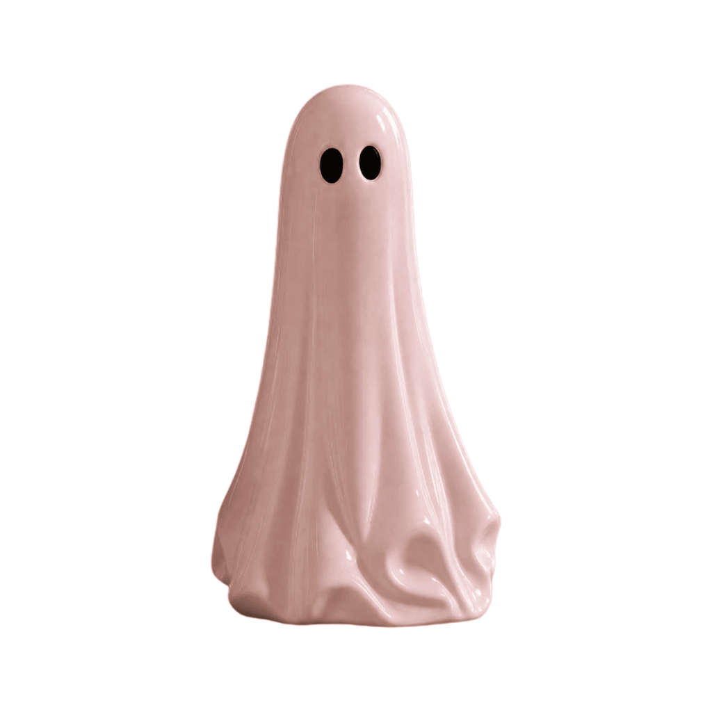 Pink Halloween Decor Ghost Candy Bowl Figurine with Bow and Scalloped Holder for Indoor Tabletop Decor and Party Favor Display