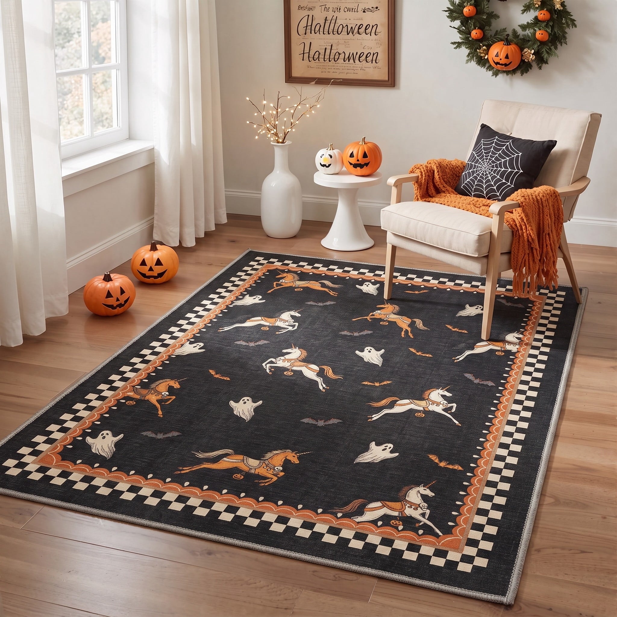 GENIMO 2'x7' Halloween Runner Rug, Washable Non Slip Soft Farmhouse Pumpkin Indoor Outdoor Hallway Runner for Porch Patio Kitchen Entryway, Vintage Sepia