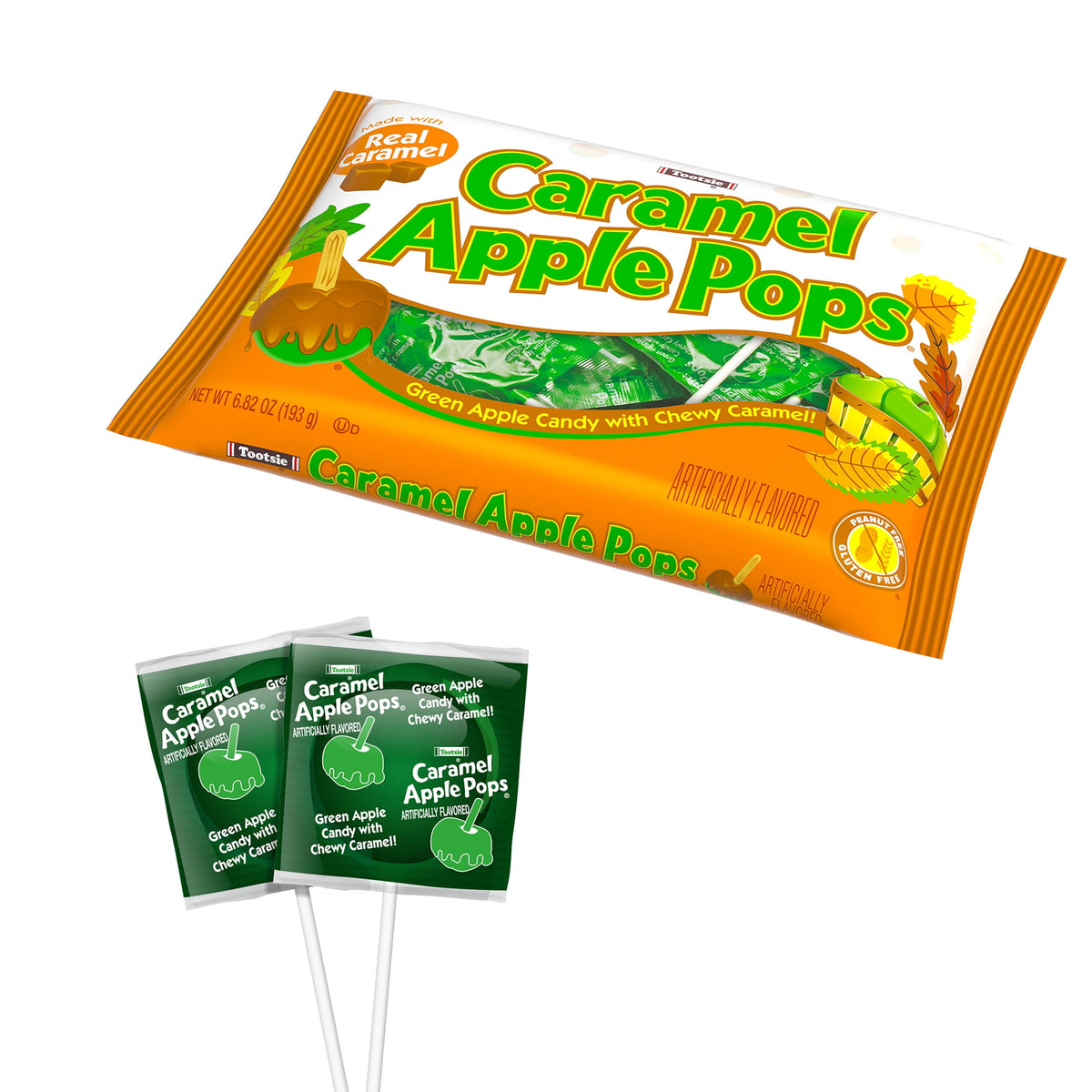 Tootsie Halloween Caramel Apple Lollipops, Individually Wrapped Green Apple Flavored, 6.82 oz. Gluten Free, Peanut-Free, Contains Milk & Soy.