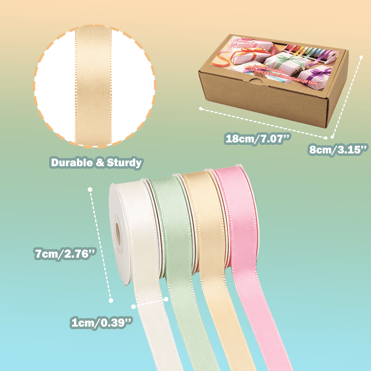 Yarniss Satin Ribbon Roll, 3/8 Inch, Double Faced Polyester, 20 Rolls, 100 Yards, for Crafts & Gift Wrapping
