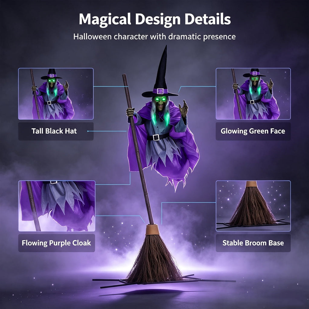 Halloween Flying Witch on Broom Decorations, 6 FT Animated Hovering Witch Animatronics Holding Sweeper Props with Scary Lights, House Decor for Outside Indoor Garden Yard Lawn