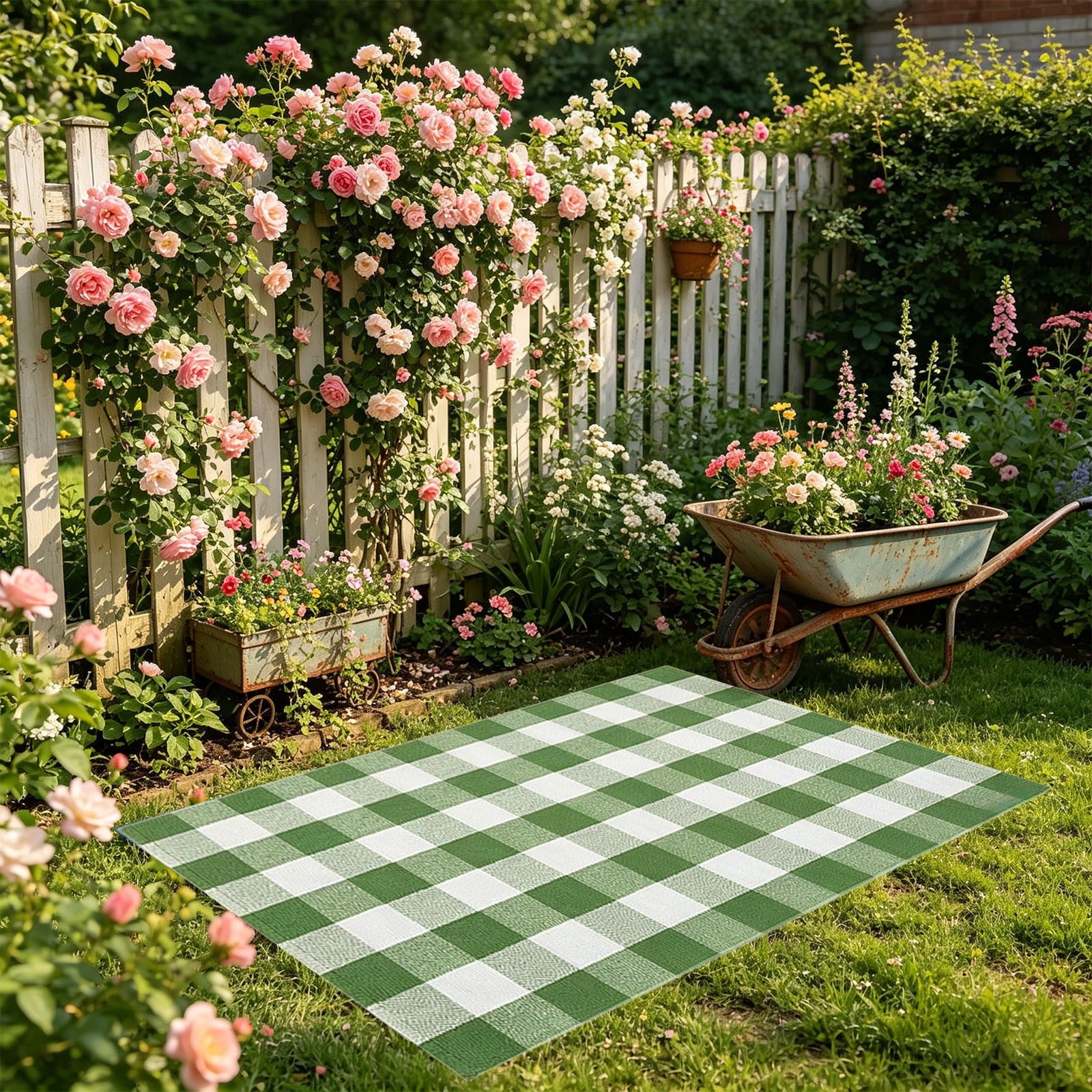 Orange Plaid Fall Outdoor Mat, Hand-Woven Porch Rug for Thanksgiving Halloween Door Decor