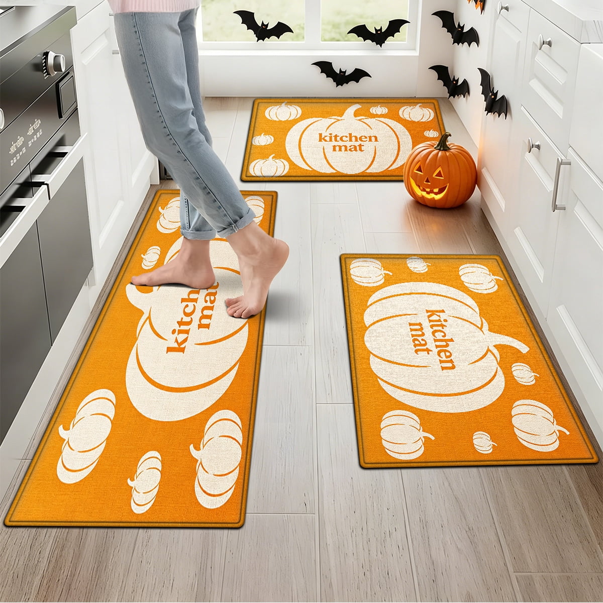 YIMEIS Halloween White Pumpkin Multi-purpose 3-Piece Flannel Mat and Kitchen Rugs,Soft Non-slip for Home Bedroom Bathroom